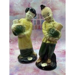 Royal Copley Asian  Ceramic Figurines |Yellow/Green Man and Women Holding A Jar